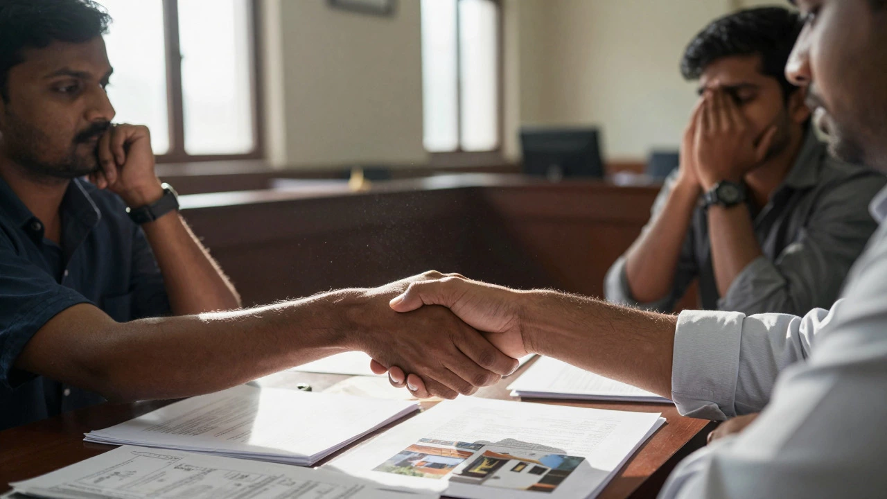 Tense negotiation between tenant and landlord over papers