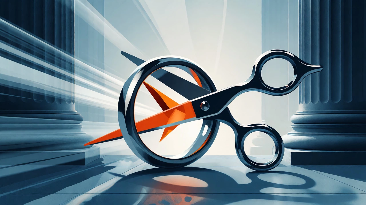 Abstract illustration of a wedding ring being cut by speed-themed scissors