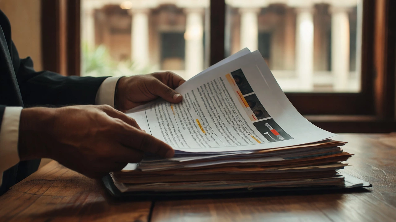 Close-up of a lawyer reviewing case files and evidence, emphasizing thorough preparation.