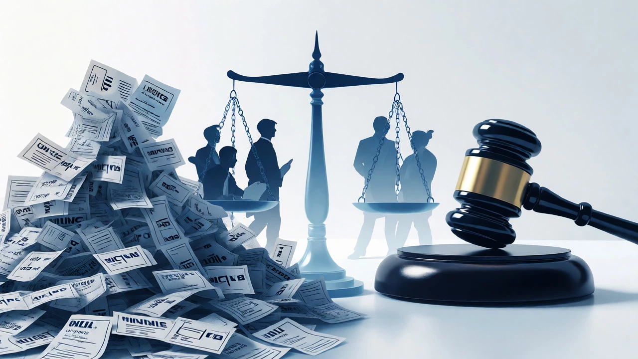 Conceptual art comparing high-volume minor cases versus rare high-stakes legal victories.