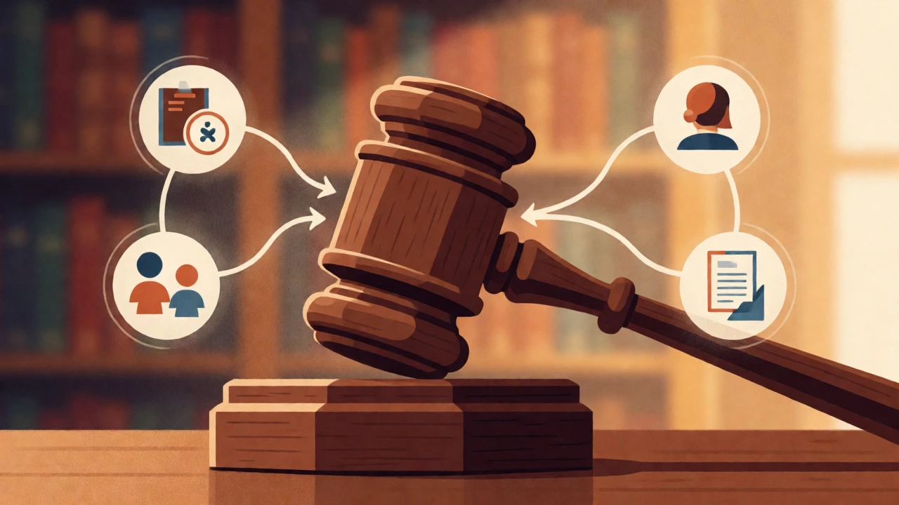 Conceptual image showing a gavel uniting icons for assets, custody, and support.