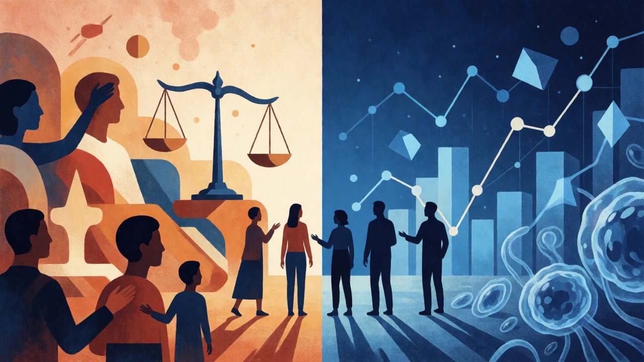 Conceptual split image contrasting social theory with statistical analysis