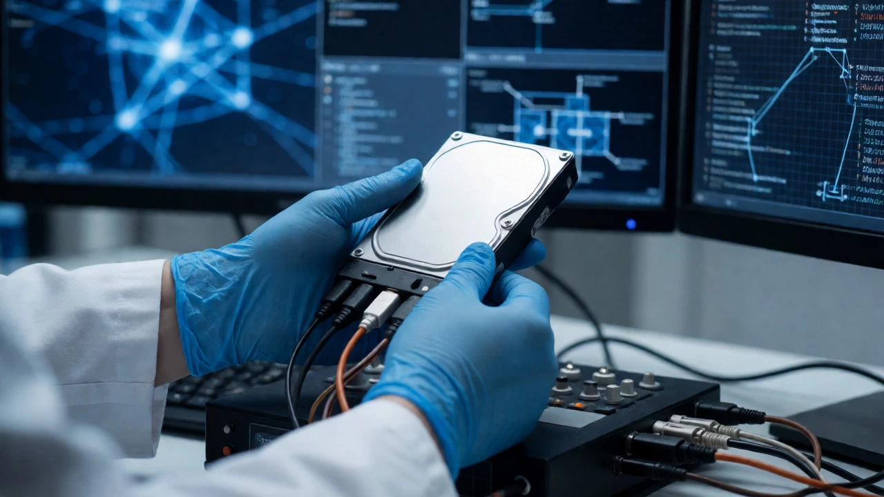 Forensic analyst handling hard drives in a high-tech digital investigation lab