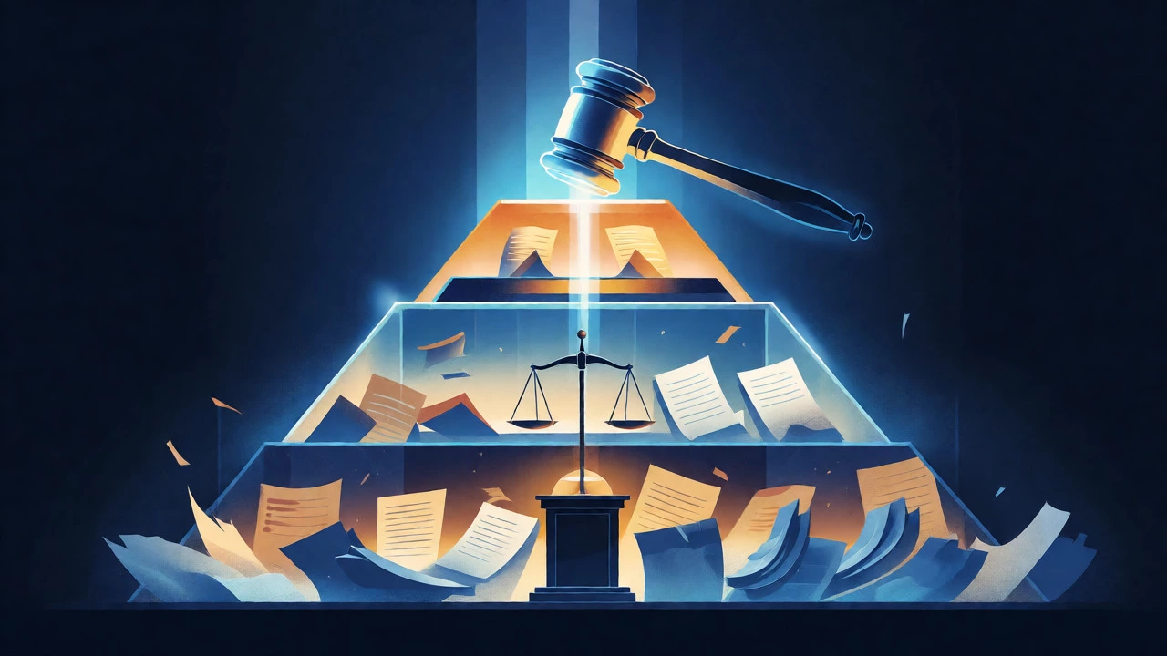 Glowing pyramid diagram illustrating the three-tier court system