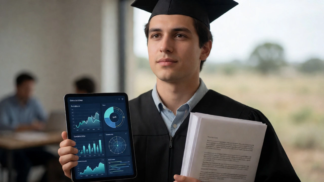 Graduate holding a thesis and data tablet to show career versatility