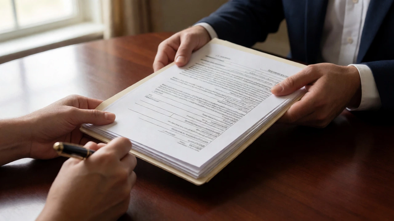 Hands exchanging financial documents and a marriage certificate over a desk.