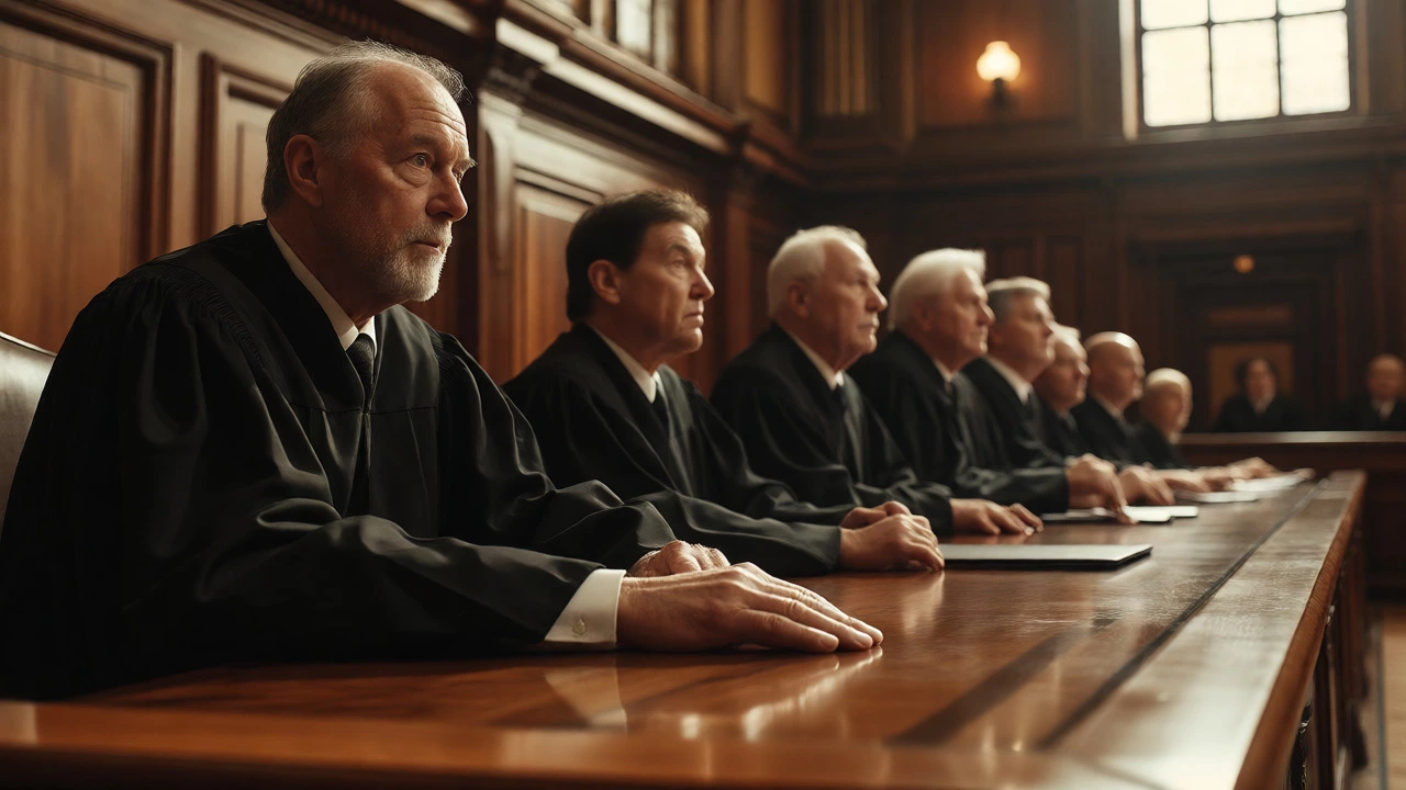 Judges seated at a polished wooden bench in a courtroom