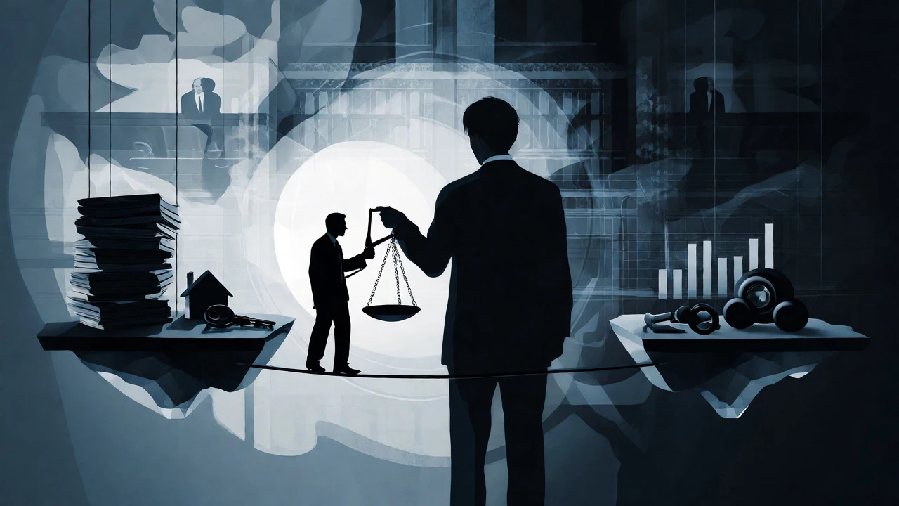 Lawyer balancing on tightrope between divorced couple symbols