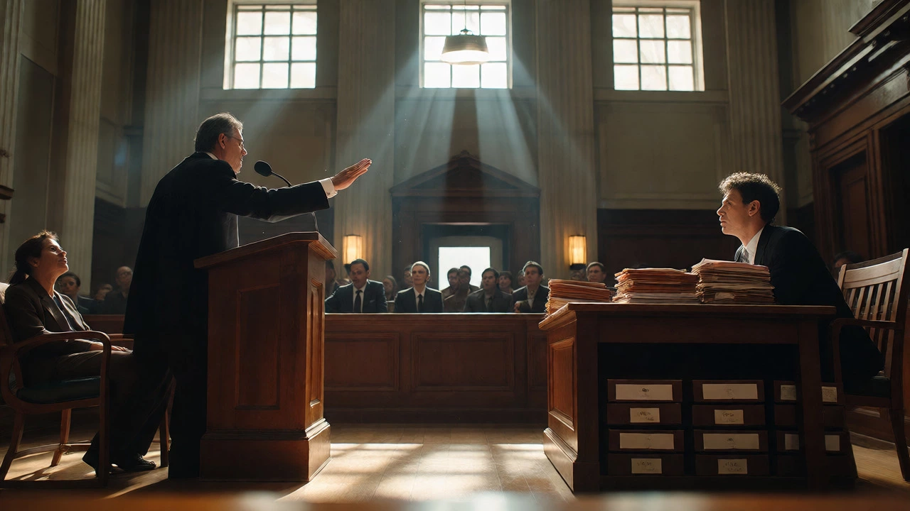 Lawyer conducting intense cross-examination in a crowded courtroom