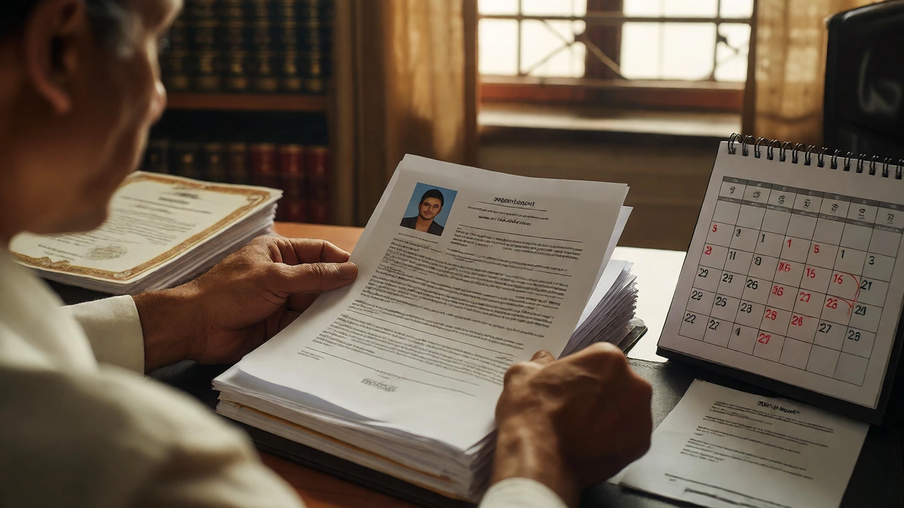 Lawyer organizing divorce documents and a calendar in an office