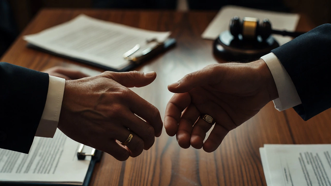 Tentative handshake over legal documents on conference table