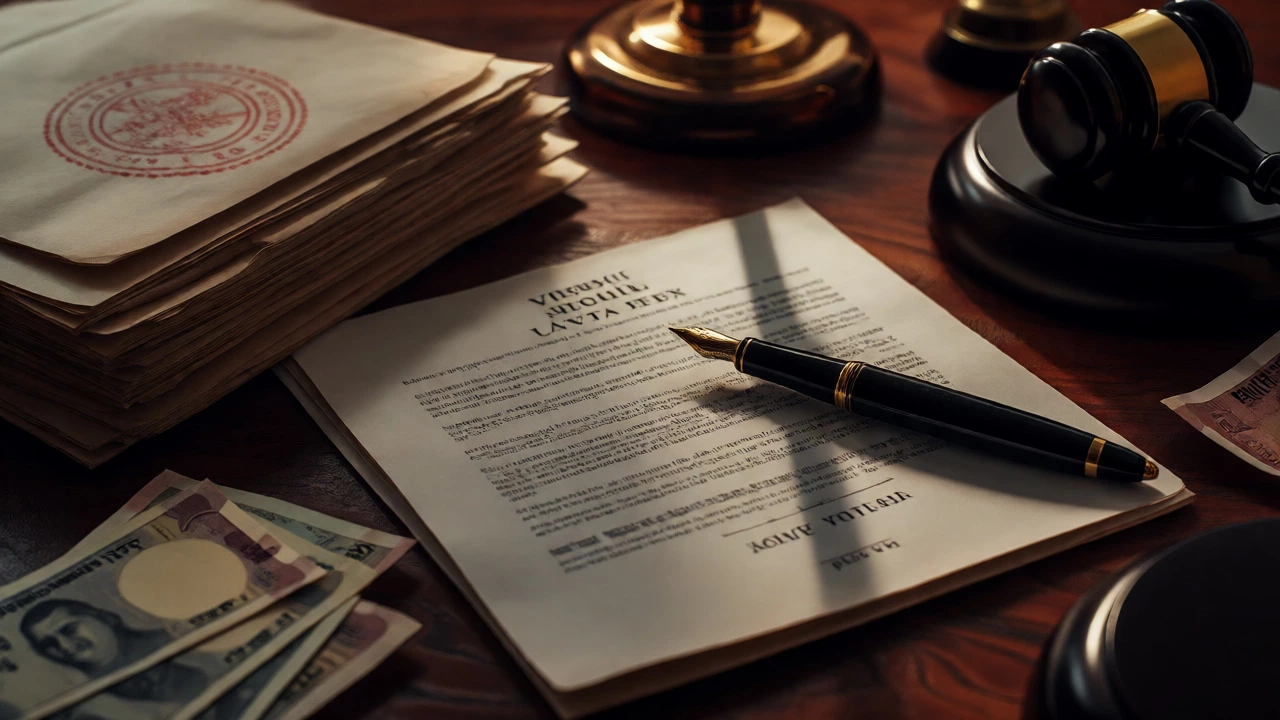 Close-up of a mahogany desk with legal documents, a gavel, and currency notes.