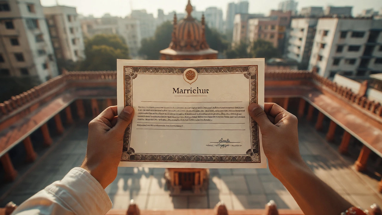 Hands holding a marriage certificate against a bright outdoor background