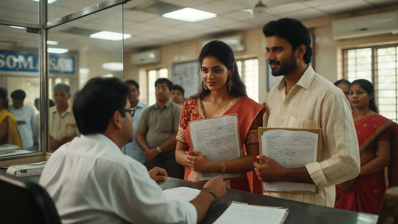 Newlyweds submitting documents at an Indian government registrar office