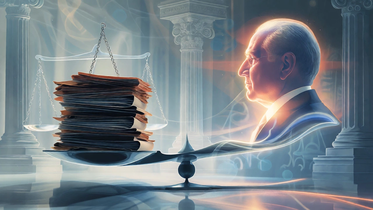 Surreal conceptual image balancing legal files against a glowing lawyer silhouette on scales.